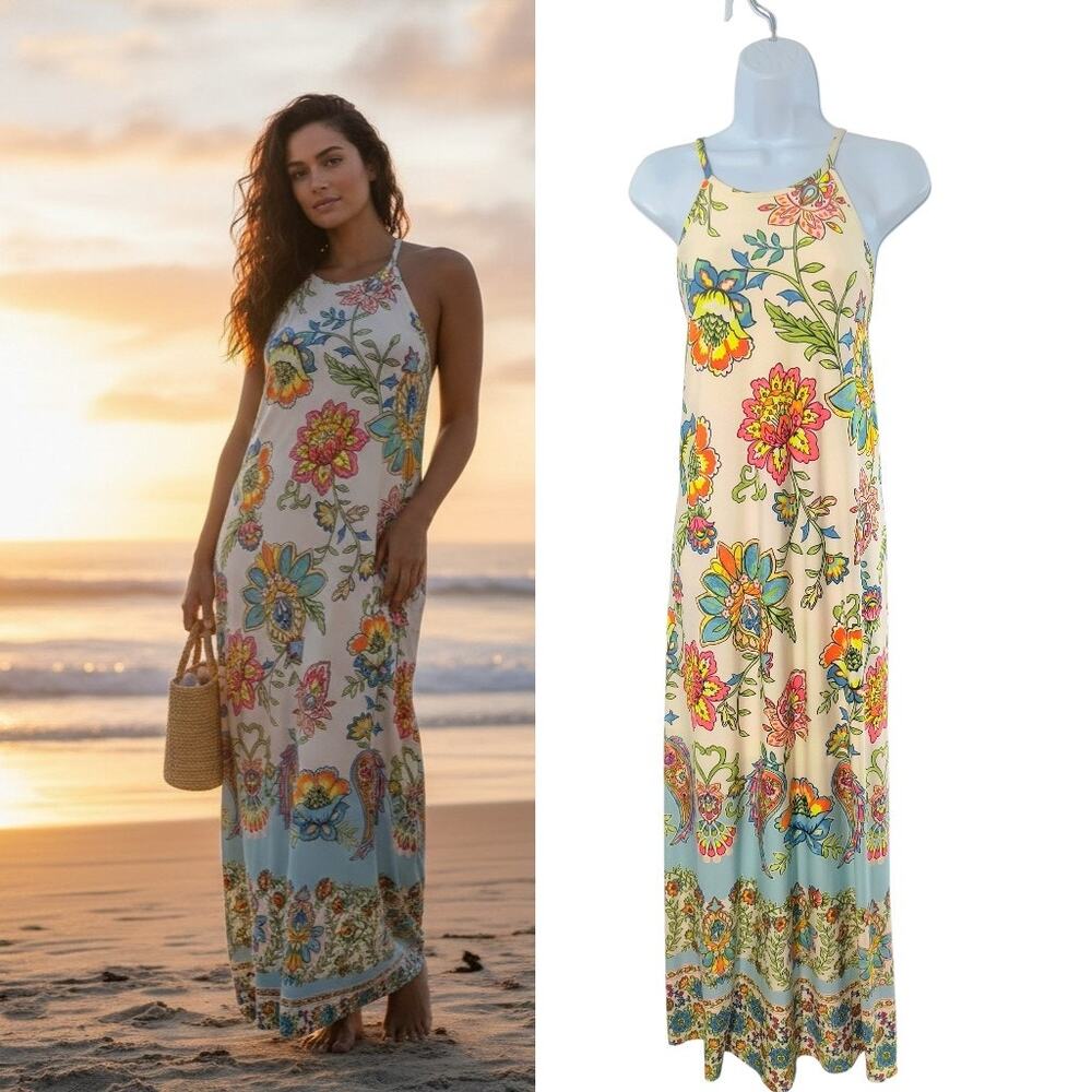 Cato Halter Neck Maxi Dress Wmn's Sz L Multicolor Tropical Floral Print Pockets